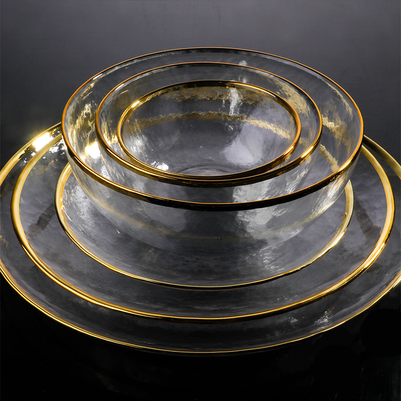 Gold-edged glass plate Japanese-style cold grain plate household heat-resistant glass bowl fruit and vegetable dessert salad bowl glass tableware