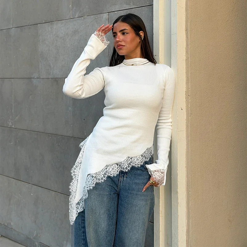2026 Women's European Designer Style Patchwork Lace Knitted Long Sleeve T-Shirt Solid Color Versatile Base Shirt for Women