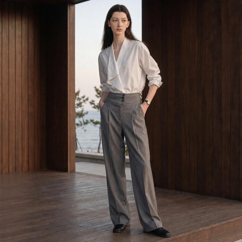 Autumn Old Money Style Irregular Long Sleeve Niche Design White Shirt and Gray Pants Set for Women's Commuting and Intellectual Outfit