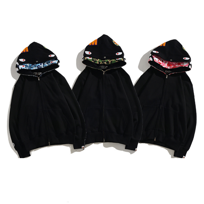 Foreign trade wholesale tide brand shark head double hat camouflage sweater for men and women couples thin velvet loose zipper cardigan jacket