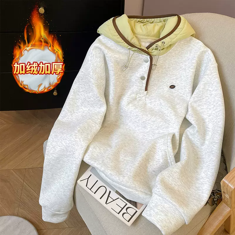 2025新款加绒加厚韩版宽松休闲百搭连帽设计感小众长袖上衣卫衣女