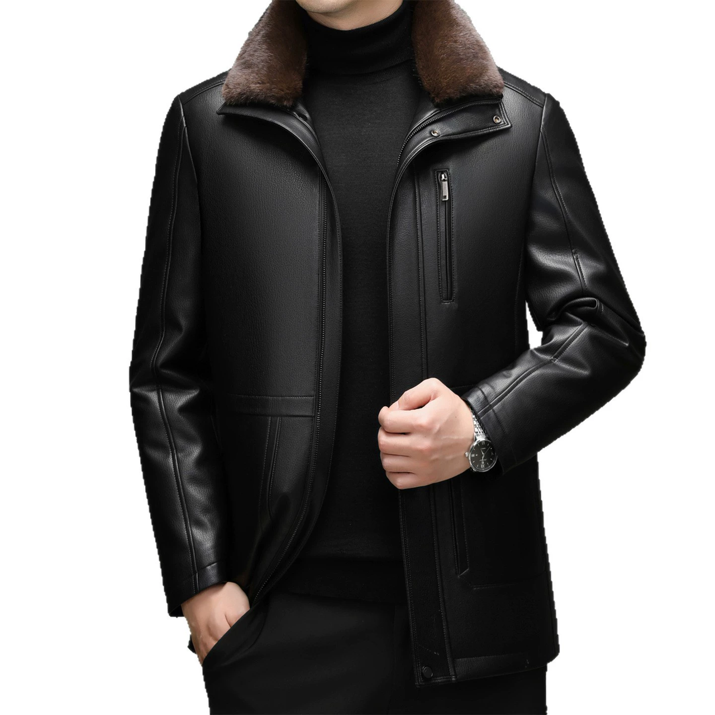 Long Leather Jacket, Mid-Length Genuine Leather, For Middle-Aged Men, Thick Lined