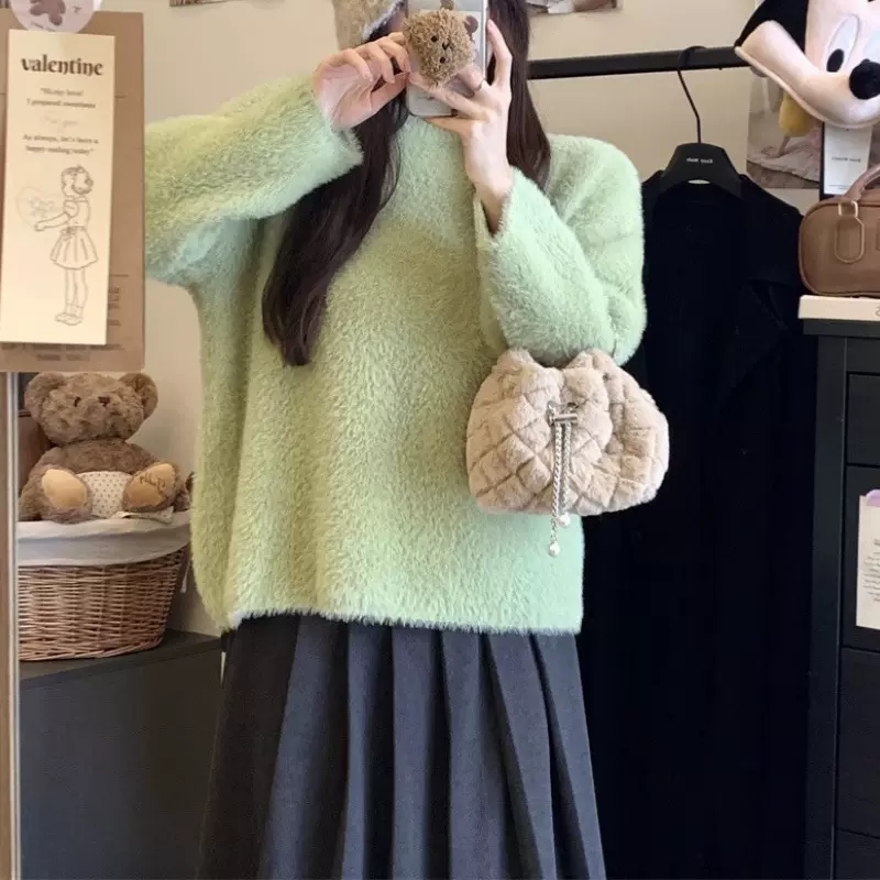 跨境 软糯仿貂长袖毛衣女秋冬季新款慵懒宽松保暖厚款 针织上衣女