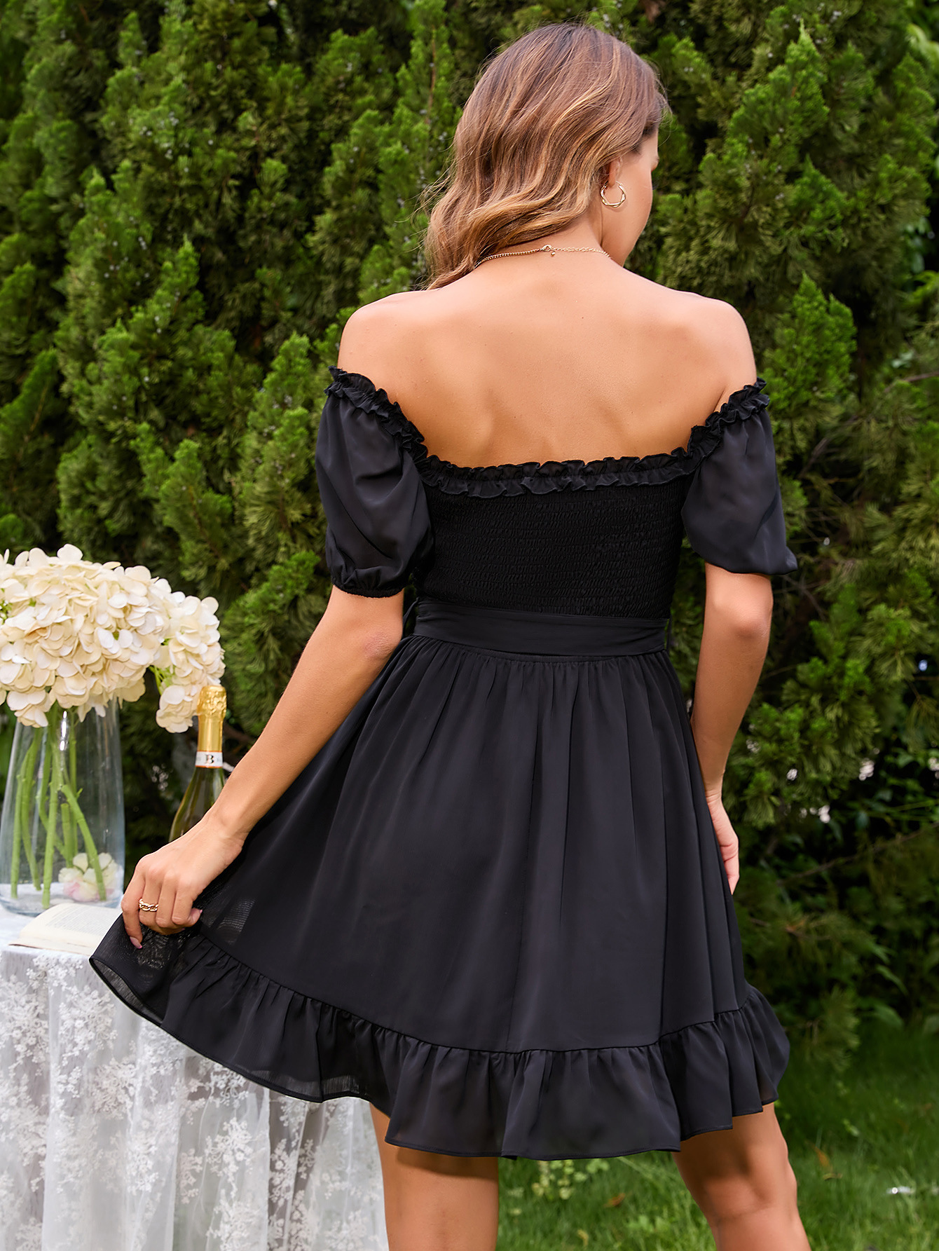 one-word collar puff sleeve lace-up solid color chiffon dress NSJKW134971