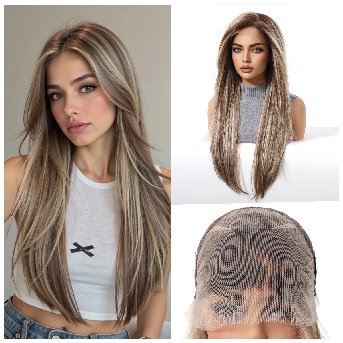 Estilo europeo y americano 13*6 color degradado encaje pelo largo y liso peluca gorra de malla femenina transpirable realista y casual cosido todo en la cabeza