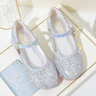 Girls Shoes Spring and Autumn New Crystal Shoes Silver Joker Small Leather Shoes Watch Performance Children's Princess Shoes Soft Sole Children's Shoes