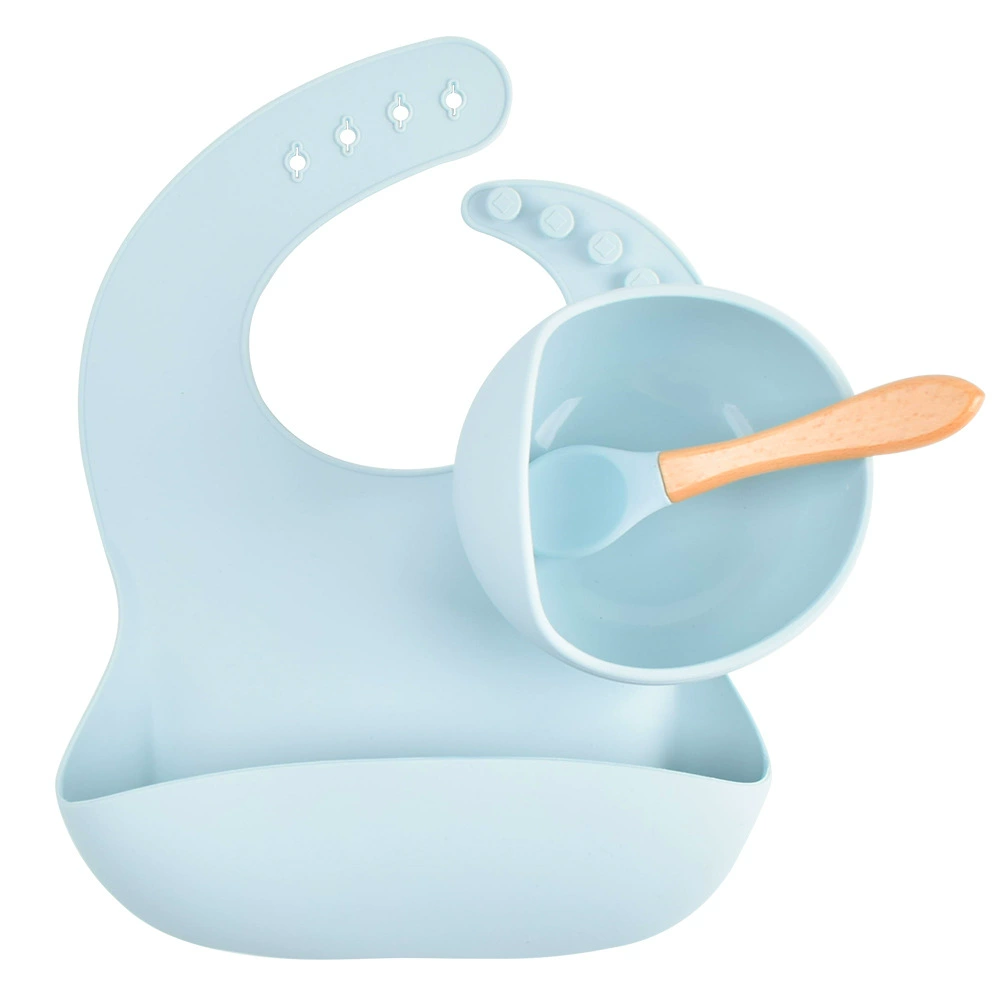 Silicone children's tableware set — bib, bowl and spoon with suction base, multi-color