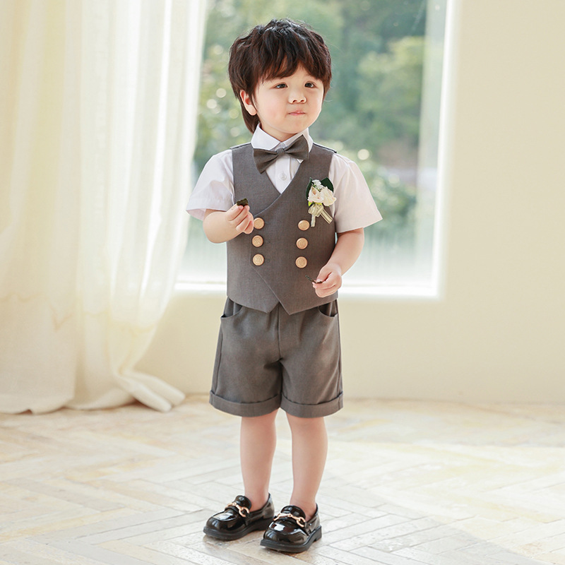 Traje de niño, chaleco, traje de manga corta, traje de actuación de estilo británico de verano, vestido de cumpleaños de bebé, niña de las flores
