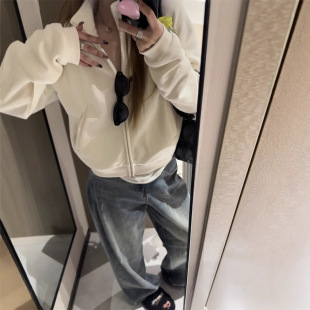 Washed Organic Cotton Cream White Cream White Collar Zip Cardigan