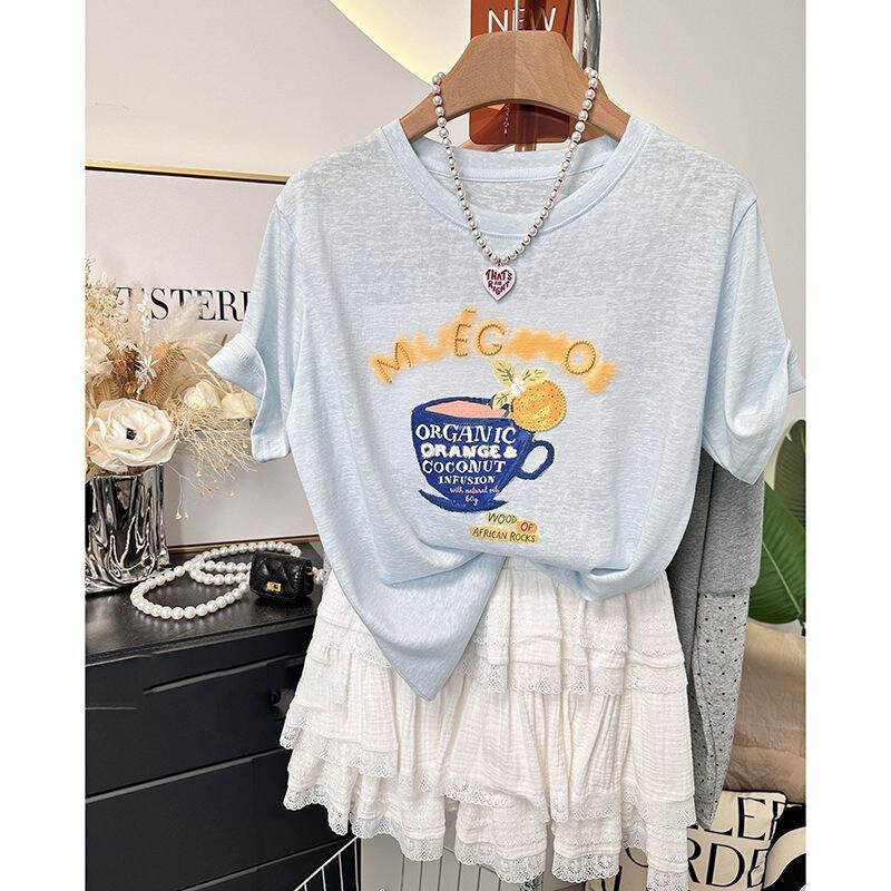 2026 Summer Thin Snowflake Cotton T-Shirt with a Refreshing and Comfortable Feel, Loose Fit, Slimming Effect, Round Neck, Short Sleeve for Women