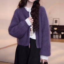 紫色拉链针织开衫秋冬小个子宽松韩系慵懒风短款毛衣外套女上衣