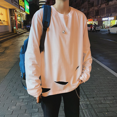 Spring and Autumn Season Ins Long Sleeve T-Shirt Korean Style Men's Trendy Loose Round Neck Student Hole Bottom Shirt BF Top