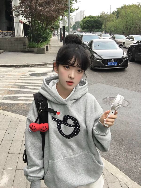 美式简约字母贴布刺绣灰色卫衣女2025秋冬季新款连帽宽松情侣外套|undefined