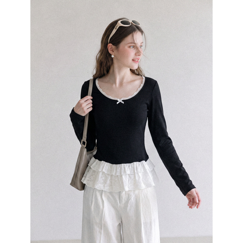 Purely alluring style, faux two-piece lace ruffle long-sleeve T-shirt for women, autumn black design with large neckline, inner top Purely alluring style, faux two-piece lace ruffle long-sleeve T-shirt for women, autumn black design with large neckline, inner top