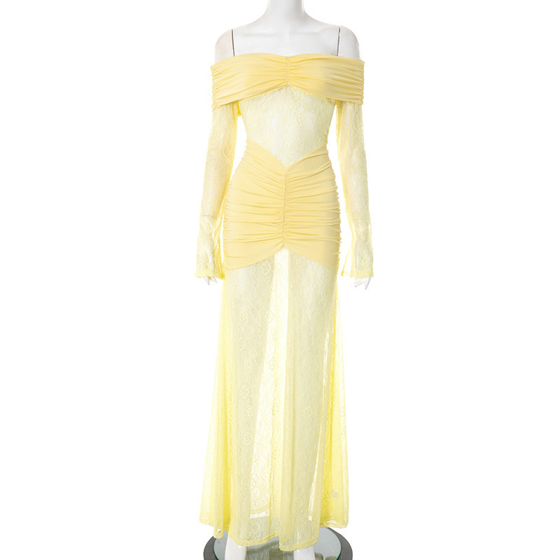 Sanhu Lianjiang D25DS272 ヨーロッパとアメリカの女性の夏のレースステッチワンショルダースリット長袖ドレス女性用|undefined