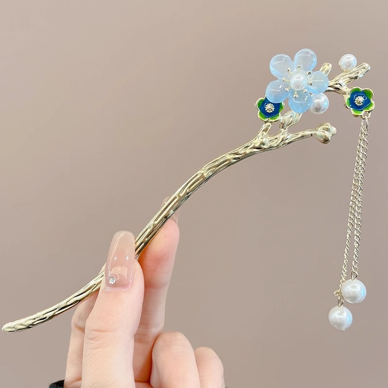 Horquilla de flores con flecos de estilo antiguo, temperamento femenino de alto nivel, escalón, horquilla de Hanfu, horquilla de cabello en la parte posterior de la cabeza, tocado de horquilla