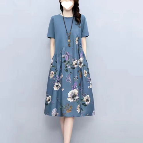2025 short-sleeved dress, women's summer retro print, fat, skin-covering, loose casual mid-long line dress