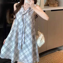法式撞色格纹海军领无袖背心连衣裙女夏季小个子宽松减龄休闲短裙