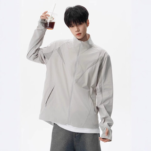 Ice Silk Cool and Light American Style Right Shoulder Stand Collar Mesh Breathable Sun Protection Clothing Men's Summer Trendy Sports Outdoor Sun Protection Clothing