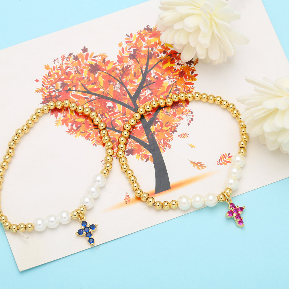 Fashion Cross Copper Bracelets Beaded Gold Plated Pearl Zircon Copper Bracelets