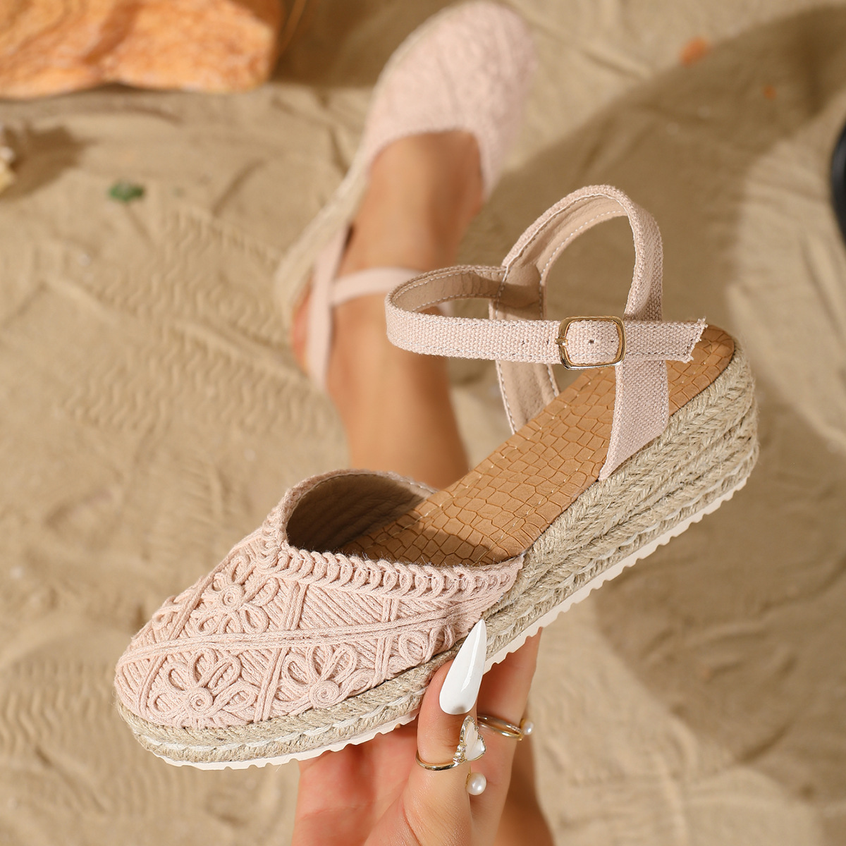 Sandalias de Cuña con Suela de Cáñamo en Lino con Cierre de Hebilla image 7