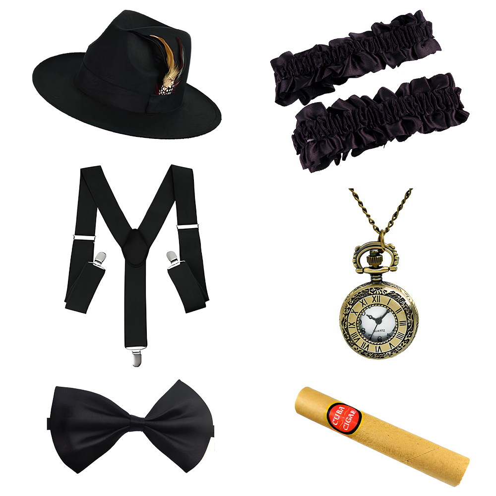 1920s Gatsby Party Dress Up Correa Reloj de bolsillo Barba falsa Traje Vestido de moda Sombrero de copa Corbata Años 20