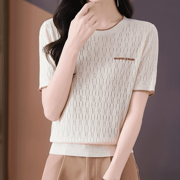 New Fashionable Round-Neck Short-Sleeved Knit Top with Hollow-Out Design, Solid Color, Versatile, Cool and Lightweight New Fashionable Round-Neck Short-Sleeved Knit Top with Hollow-Out Design, Solid Color, Versatile, Cool and Lightweight