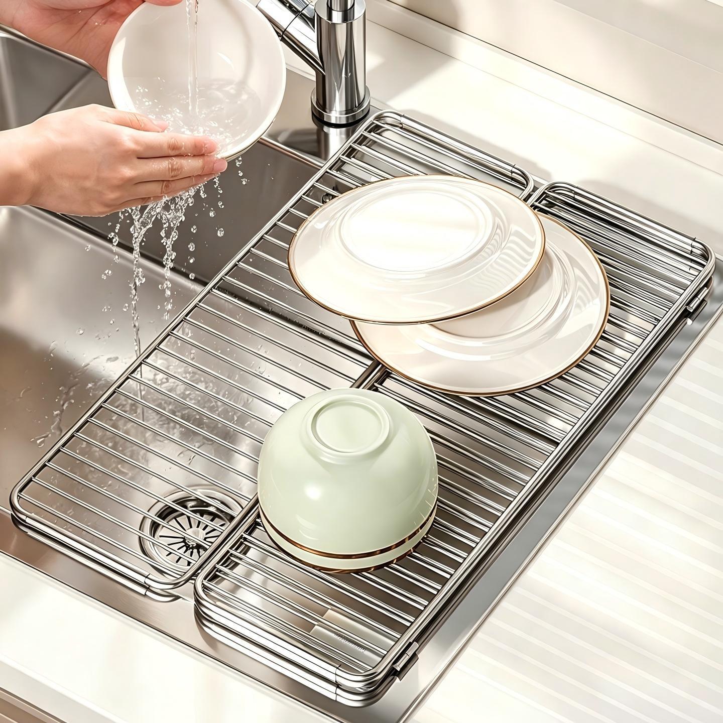 Sink Drain Rack for Kitchen Sink, Foldable Stainless Steel Dish and Plate Storage Rack, No-Drill Sink Storage Shelf