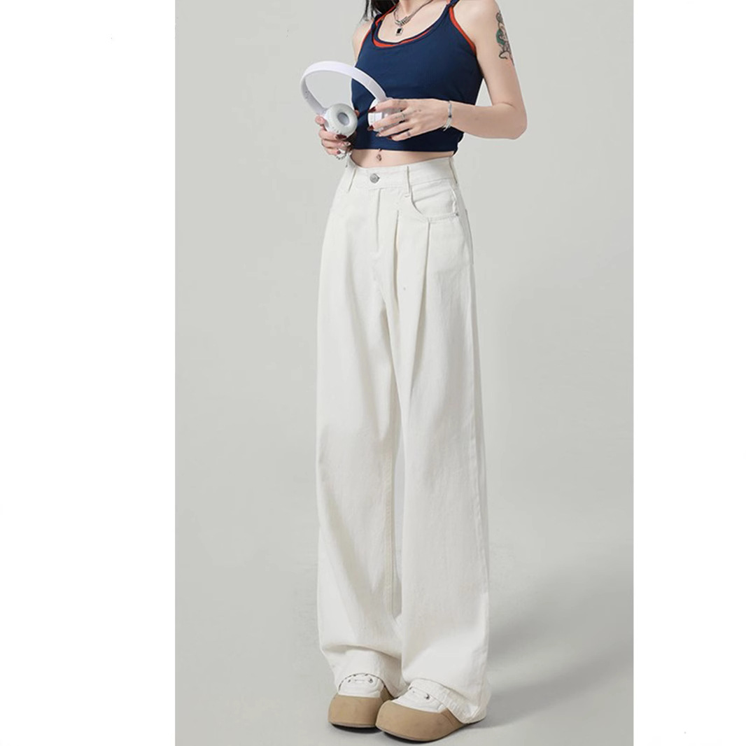 White Narrow Wide Leg Jeans Women's Spring and Autumn Korean-style All-match Pleated Design Loose Niche High Waist Straight Pants