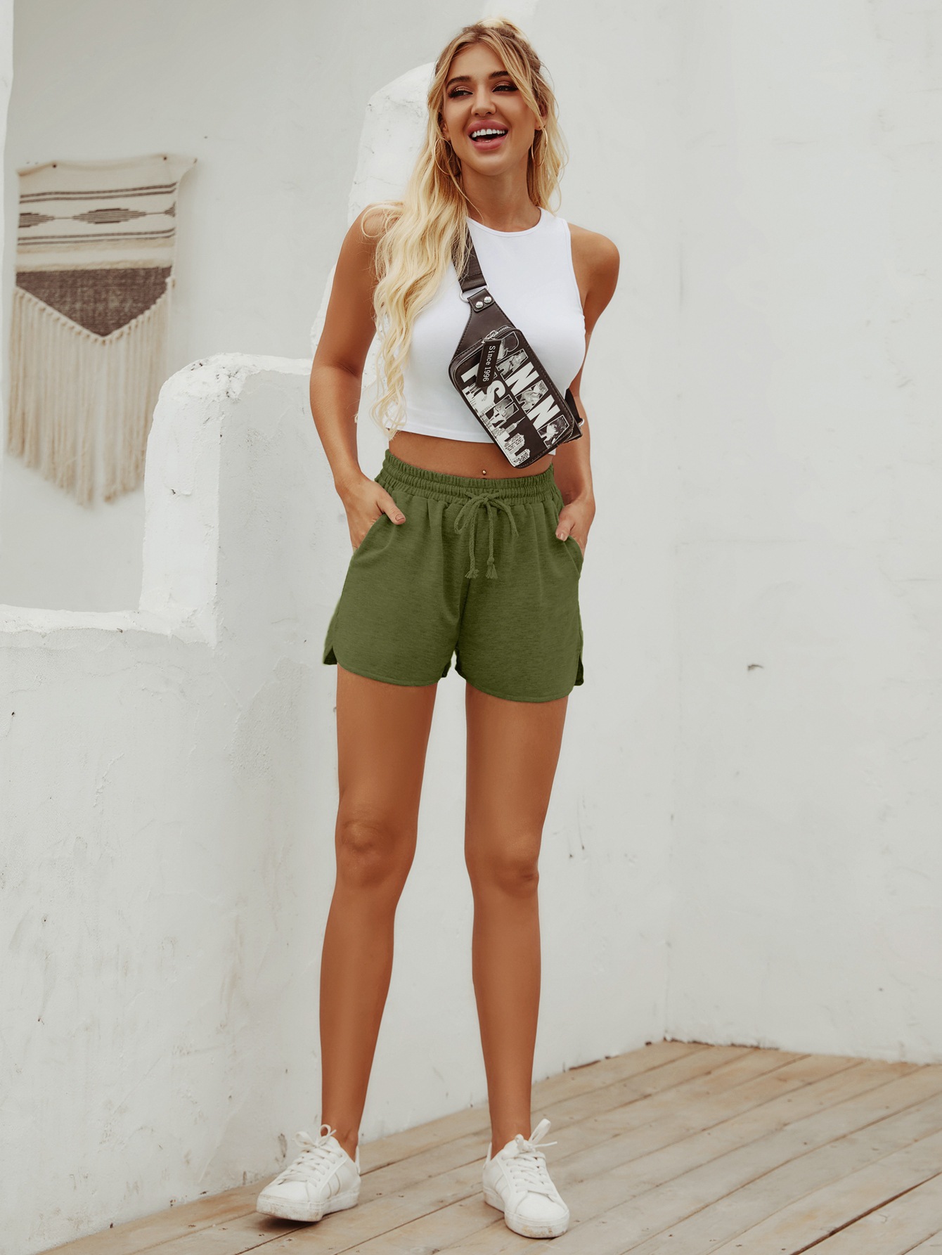 casual high waist straight drawstring shorts NSJM64517