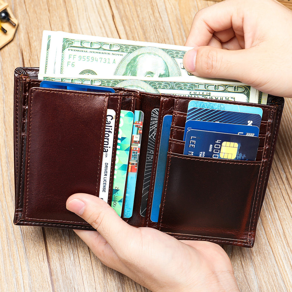 Ví nam da bò thật dạng ngắn kiểu ngang chống trộm RFID, nhiều ngăn đựng thẻ — Cà phê, Màu đen