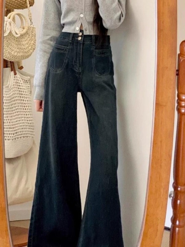 慵懒松弛感牛仔裤女新款大码胖mm梨形身材宽松显瘦深蓝色阔腿裤子|undefined