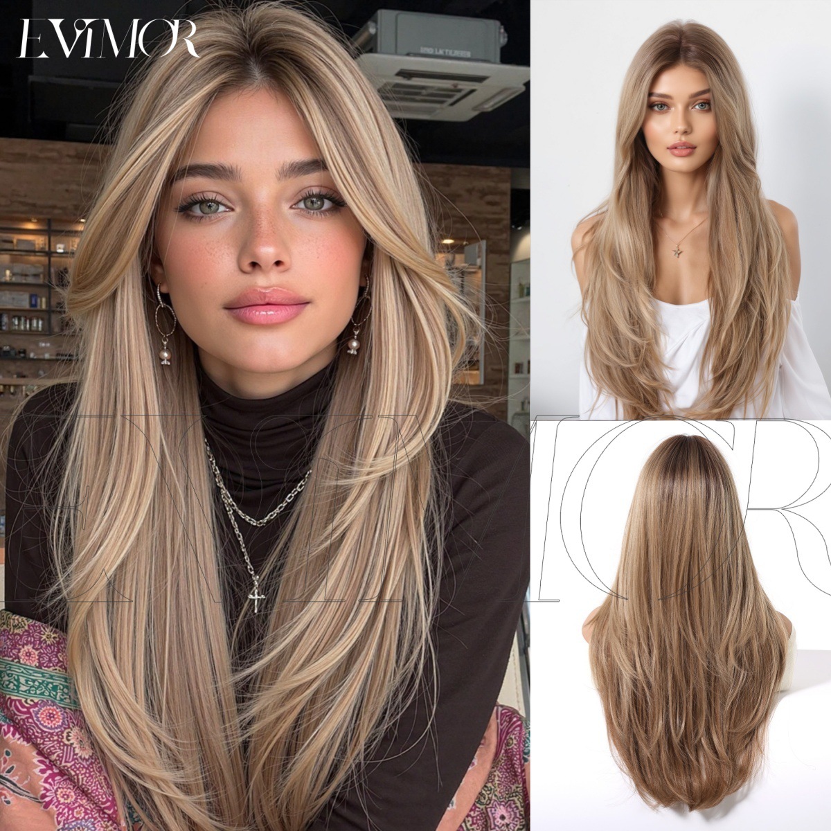 Transfronterizo nueva pelucca de cabello de mujer cubierta de cabello de fibra química marrón de alta temperatura seda multicapa cabello largo recto suave natural