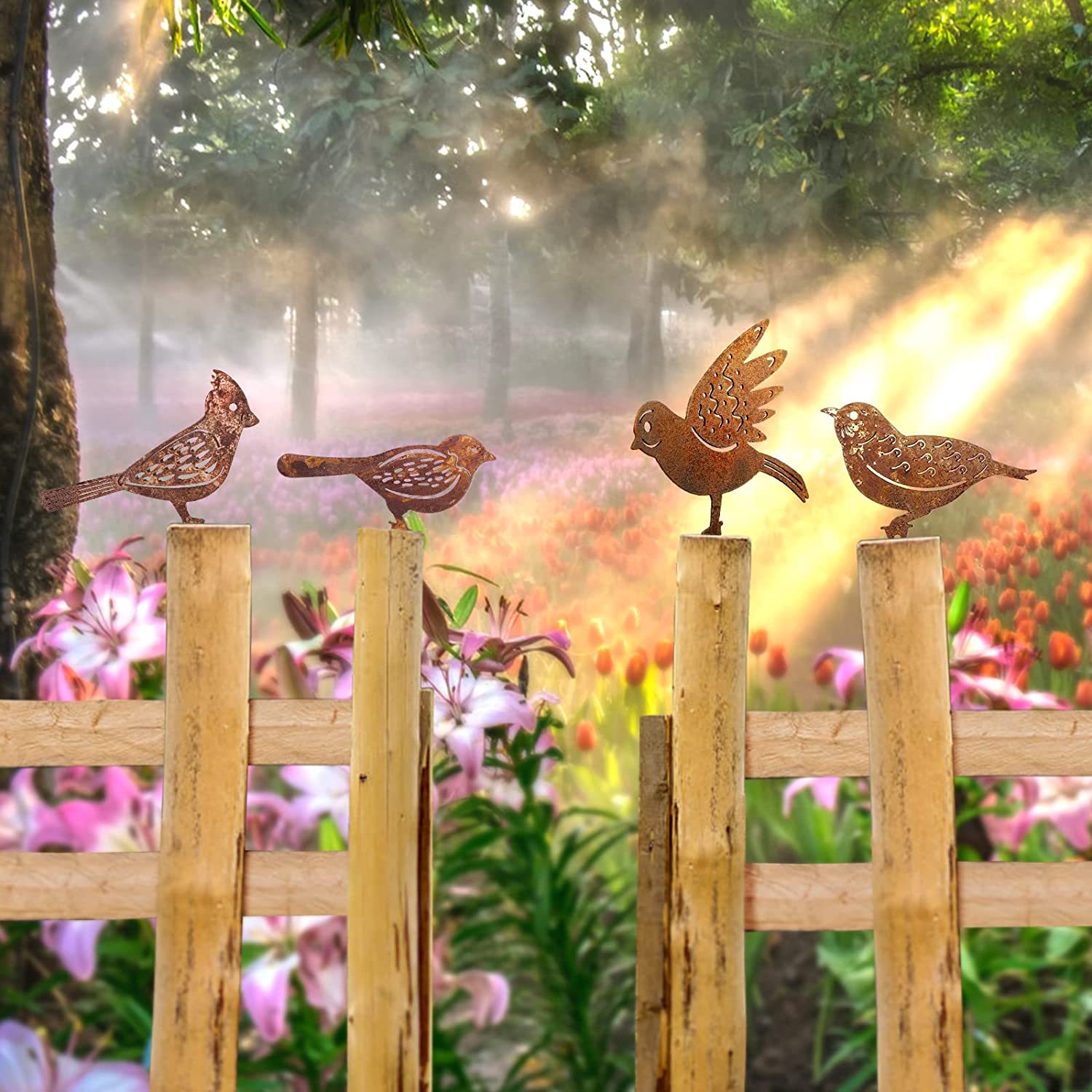跨境新款铁艺花园挂件庭院生锈四只小鸟装饰艺术工艺品户外摆件详情11