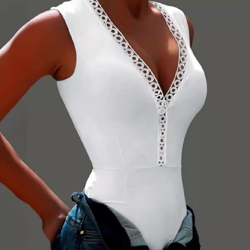 Women's Clothing hot style white V neck sleeveless sexy tight jumpsuit_ecoleips.com