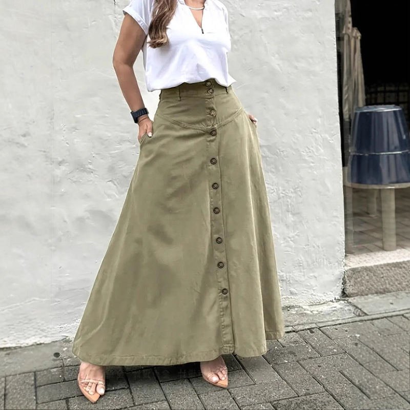 In-Stock European and American Cross-Border Trade Women's Clothing Elegant High-Waisted Skirt with Pockets, Button Front Slit A-Line Skirt, Mid-Length Skirt