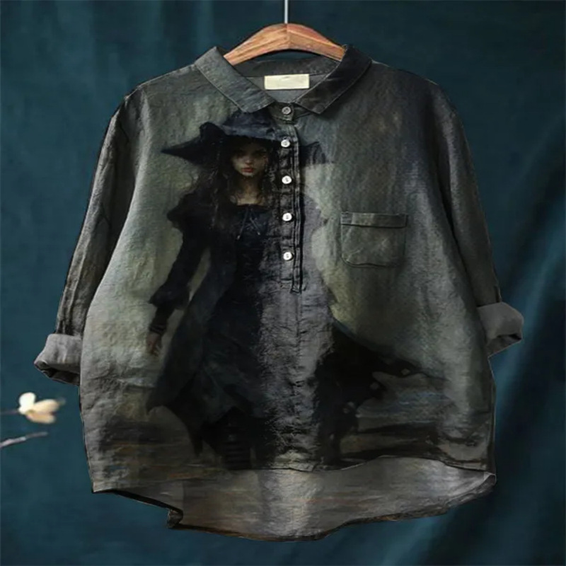 Halloween Cute Witch Digital Print Women's Casual Cotton and Linen Long Sleeve Casual Loose Shirt Halloween Cute Witch Digital Print Women's Casual Cotton and Linen Long Sleeve Casual Loose Shirt