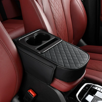 Car Armrest Box Storage Box Car Tissue Box Water Cup Holder Universal Four-In-One Heightening Pad Leather Armrest Box Pad (Armrest box pad) - double-pocket-armrest-box-round-head-4-in-1-black