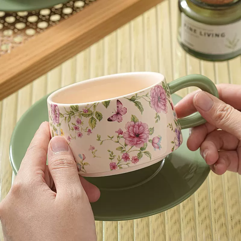 碎花咖啡杯套装陶瓷家用咖啡厅伴手礼办公室拿铁轻奢复古礼盒水杯