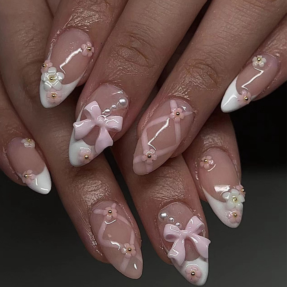 French-Style White Flower Press-On Nails with Sweet Pink Bow Nail Art Pieces, Fake Nails, Cross-Border Almond Nail Pieces Wholesale