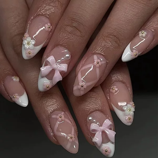 French-Style White Flower Press-On Nails with Sweet Pink Bow Nail Art Pieces, Fake Nails, Cross-Border Almond Nail Pieces Wholesale
