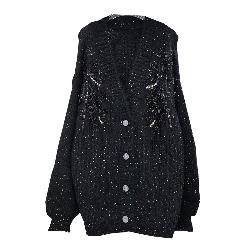 Productos europeos suéter de cuello v chaqueta de mujeres otoño y invierno nuevo estilo de industria pesada estilo francés con sequillas sueltas cardigan de punto perezoso image 3