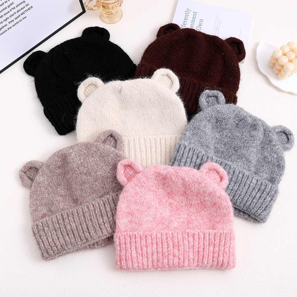 可爱小熊耳朵帽子针织保暖帽秋冬季简约百搭毛线帽冷帽护耳显脸小