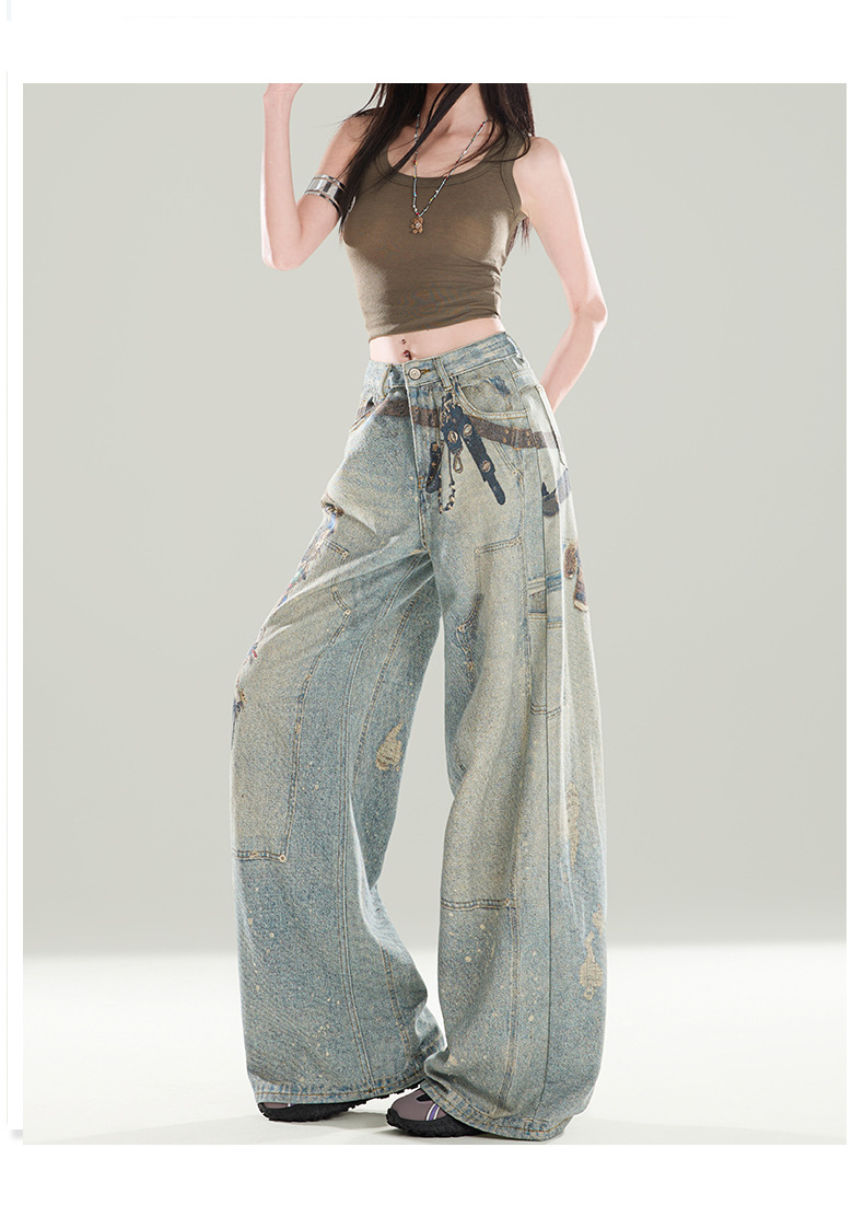 Men's Vintage Washed Print Jeans Hip-Hop Straight-Leg Loose Fit Denim Blue Breathable Polyester Blend S-3XL_mkmklike.com