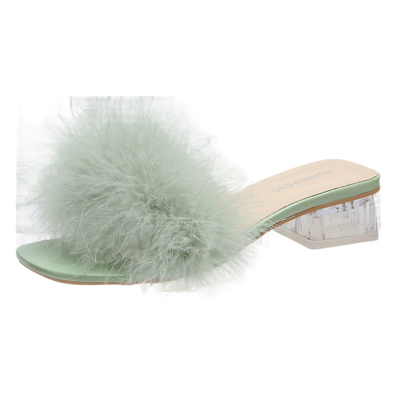 Холодные тапочки на каблуках женские 2022 новые корейские новые туфли на каблуках женские перья сплошной цвет ins модные тапочки