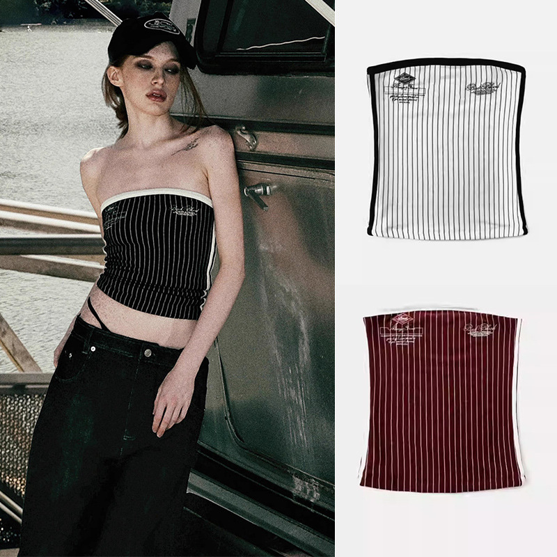 Badblood American Retro Vertical Stripesd Tube Top Sexy Slimming Look Sexy Age-Reducing Summer Suspender Top for Women