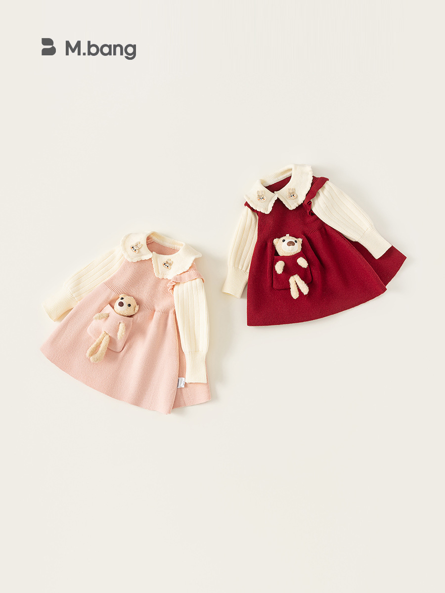 Ropa infantil youbao vestido de niña primavera y otoño falda tridimensional de niña oso falda de niña suéter de punto infantil falda a image 4