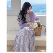 温柔风气质紫色碎花连衣裙女装2025春季新款法式绝美度假风套装裙