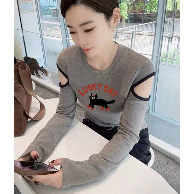 秋季新款破洞设计感长袖打底衫女洋气减龄T恤修身纯棉上衣潮|undefined