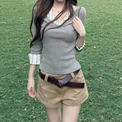 槿一 高智早秋假两件v领中袖针织衬衫女秋新款显瘦复古设计感通勤